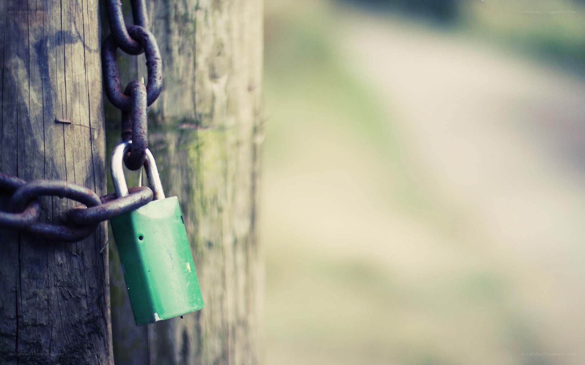 green padlock on wooden post
