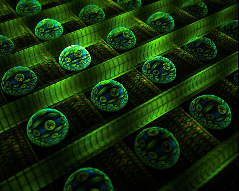 green patterned spheres in grid