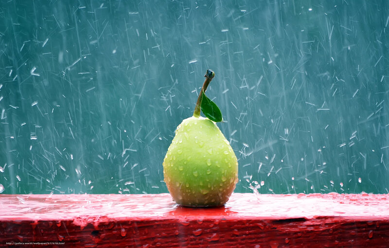 Green Pear in Rain — Dramatic, Photograph, Red Surface