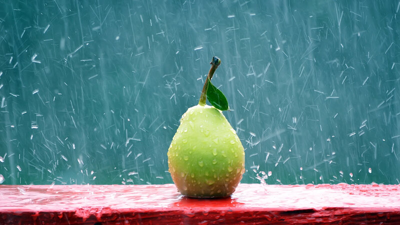 Green Pear in Rain — Dramatic, Photograph