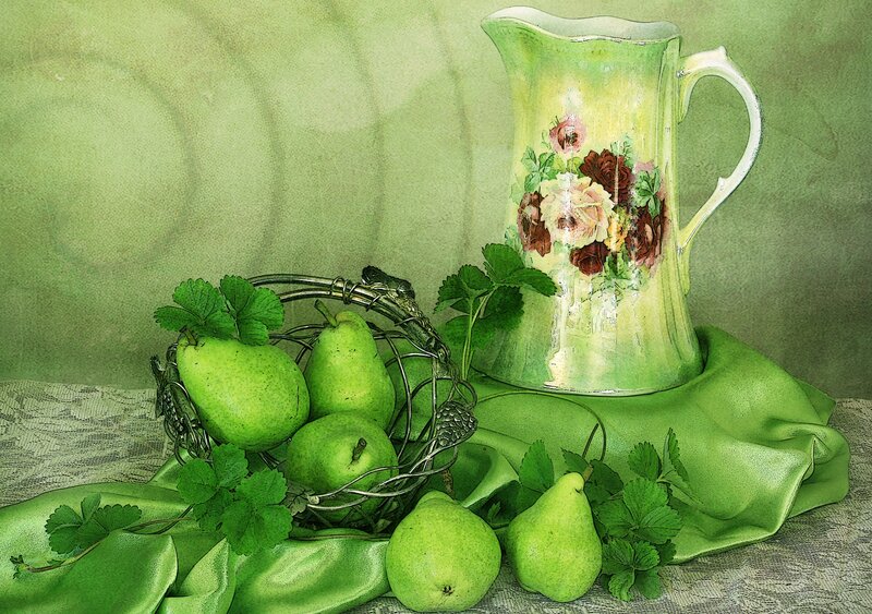 Green Pears in Basket — Serene, Painting