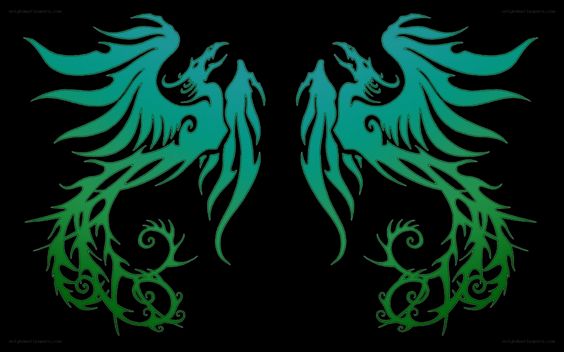 green phoenixes on black