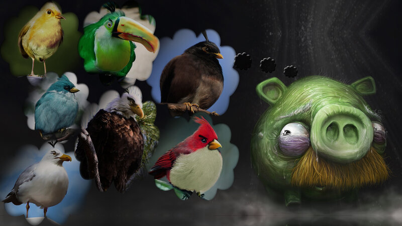 Green Pig with Birds