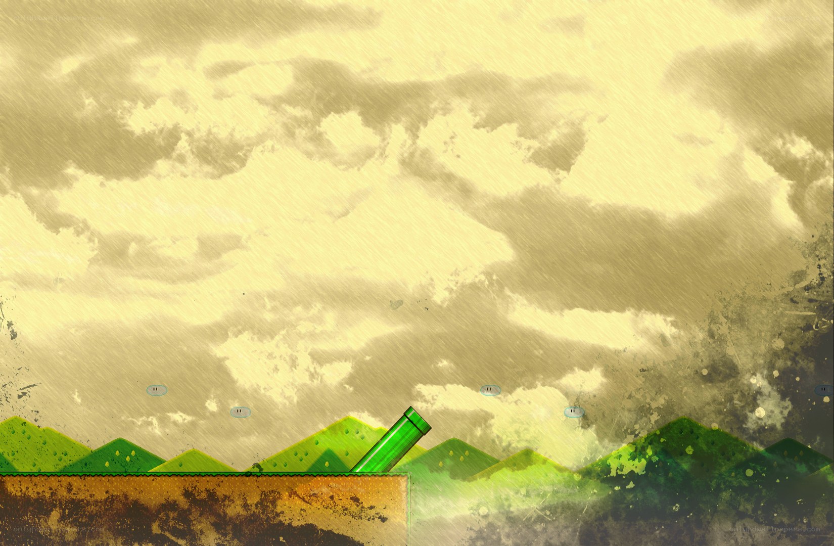 green pipe in a stylized landscape