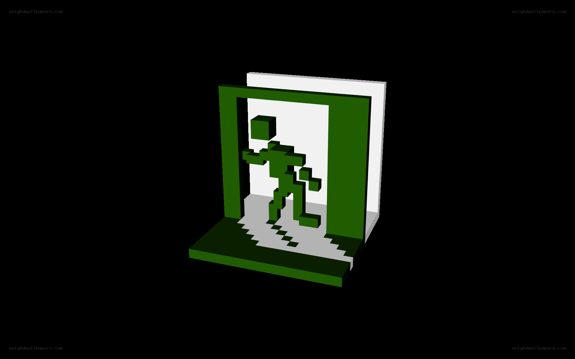 green pixel character in doorway