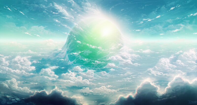 Green Planet in Clouds — Blue