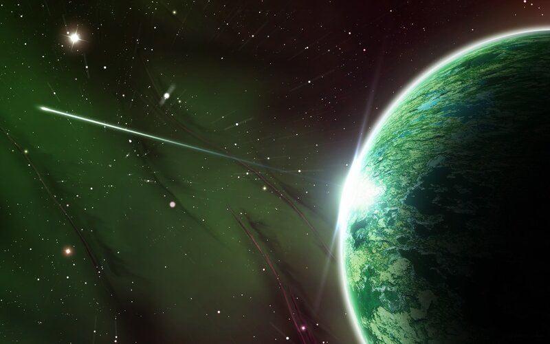 Green Planet in Space — Dramatic, Digital Art, Stars, Meteor