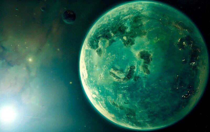 Green Planet in Space — Dramatic, Digital Art, Stars, Nebula, Moon