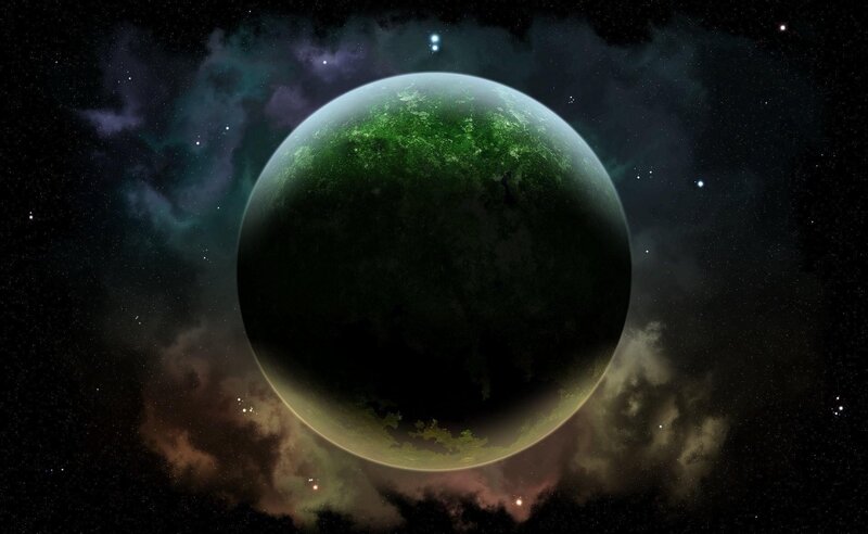 Green Planet in Space — Dramatic, Night, Digital Art, Stars, Nebula