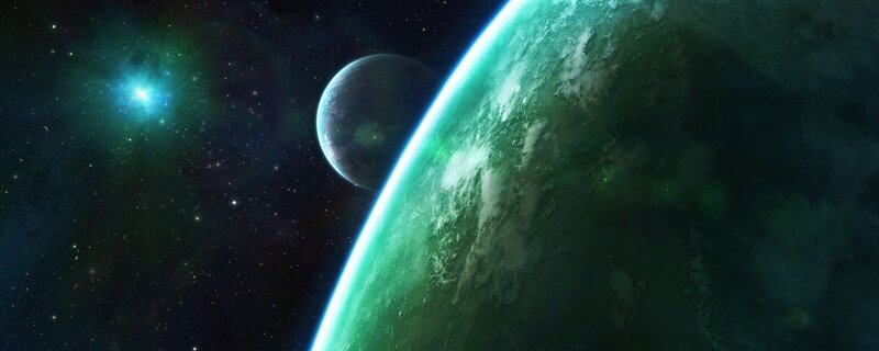 Green Planet in Space — Serene, Night, Digital Art, Moon, Stars, Black