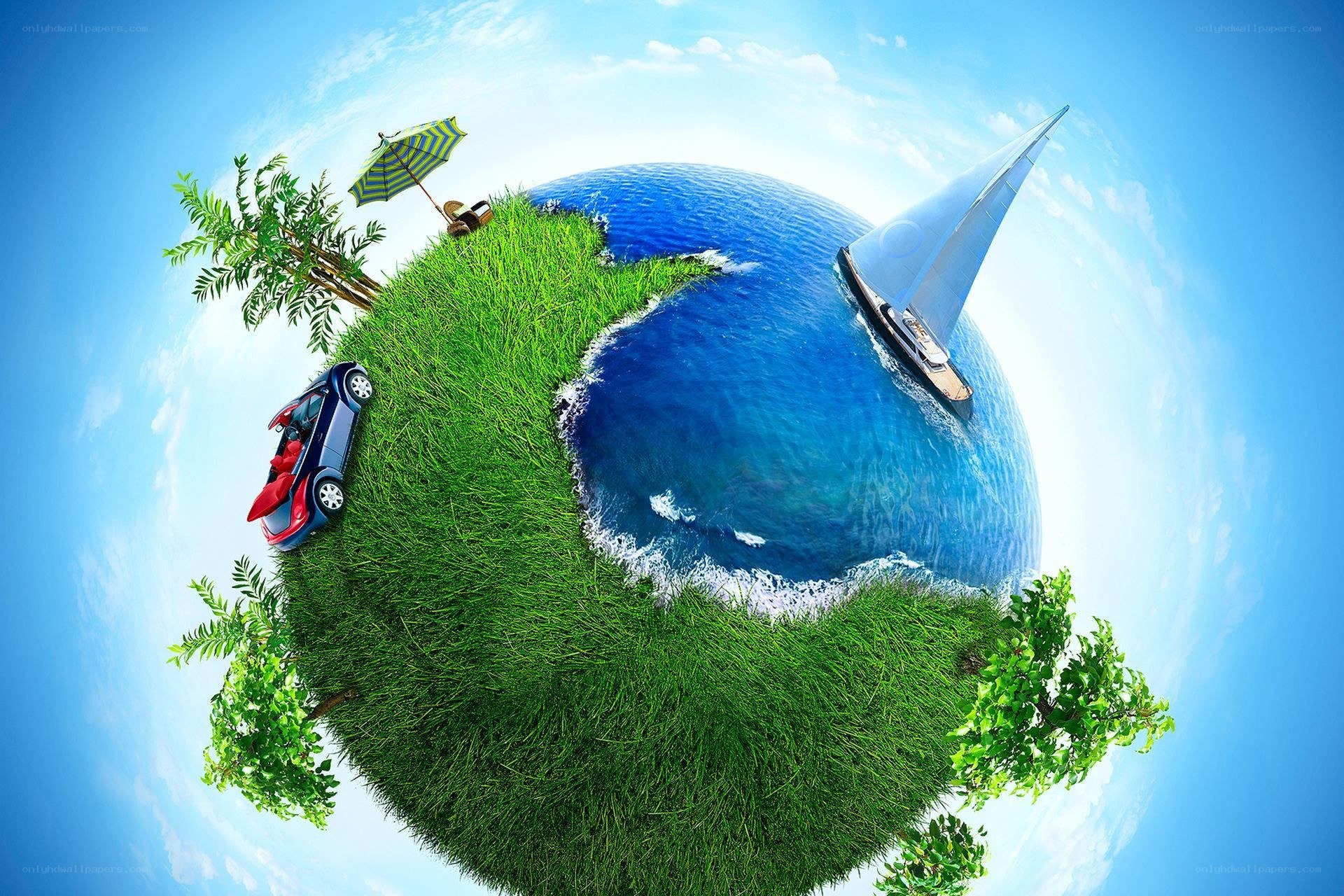 green planet with car and sailboat