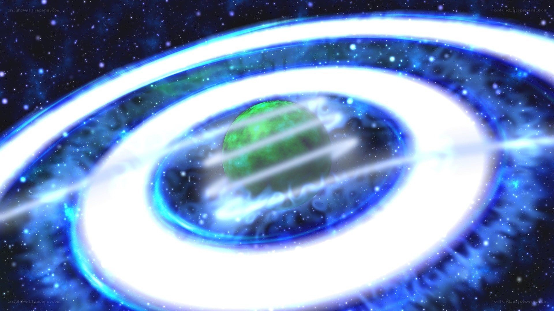 green planet with glowing rings
