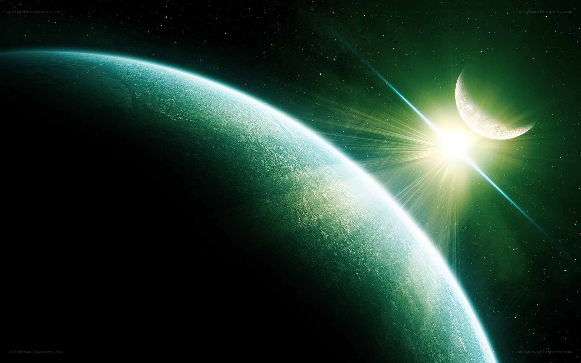 Green planet with moon and star