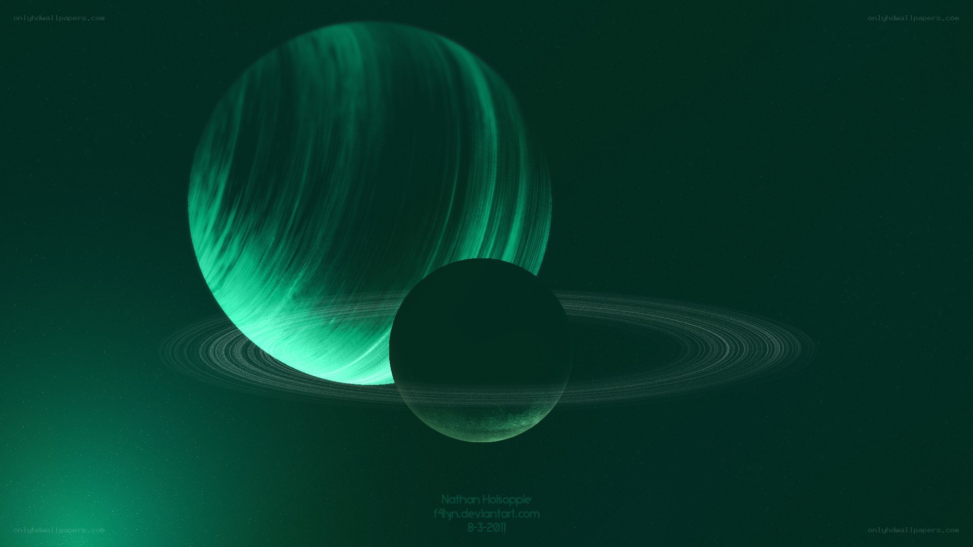 Green planet with rings