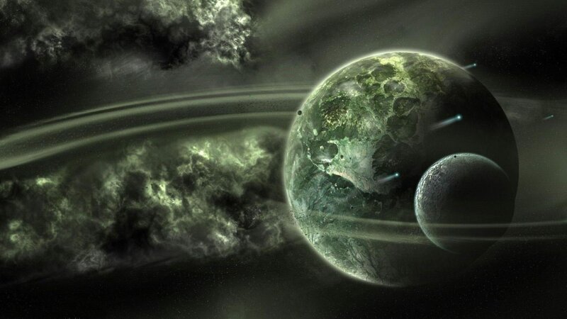 Green Planet with Rings — Dramatic, Night, Digital Art