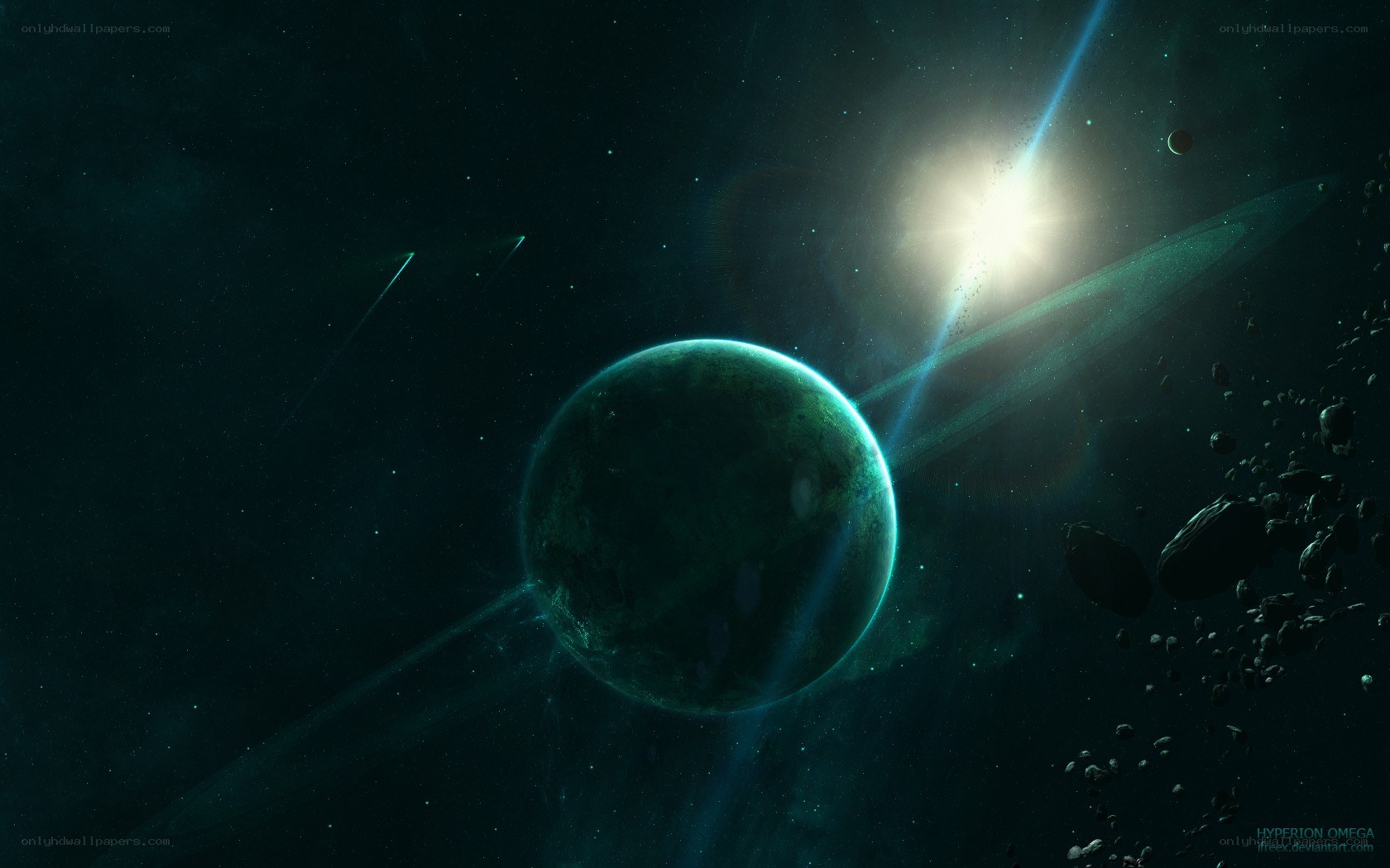 Green planet with rings in space