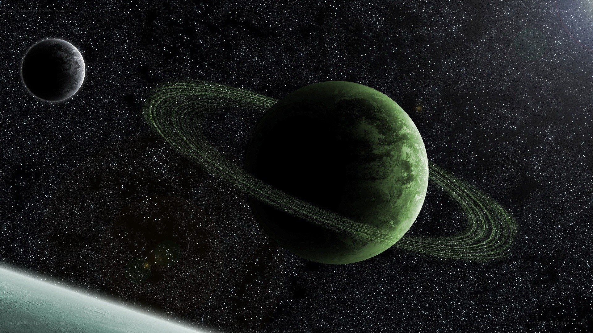 Green planet with rings in space