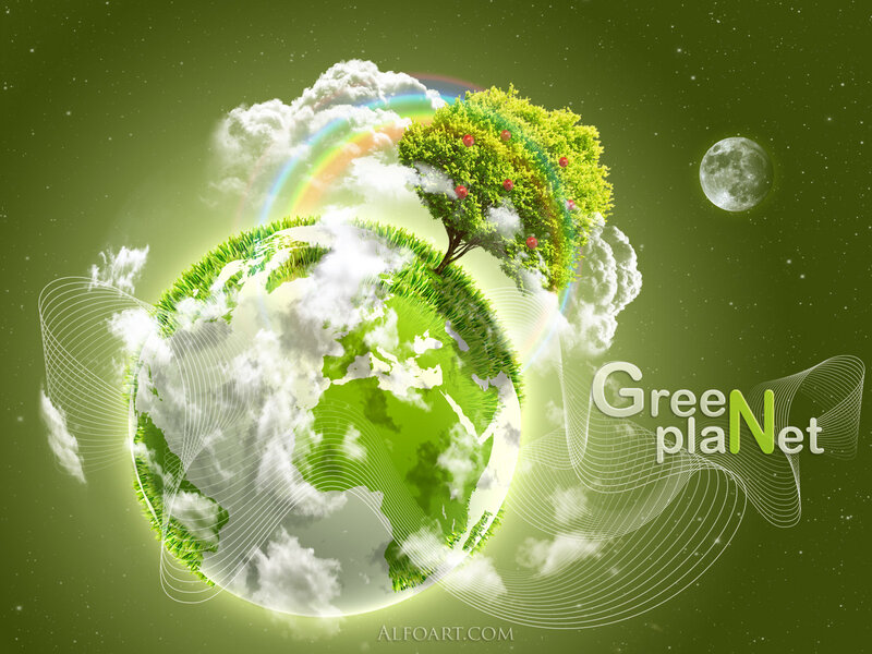 Green Planet with Tree — Serene, Night