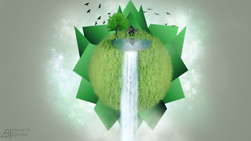 green planet with waterfall