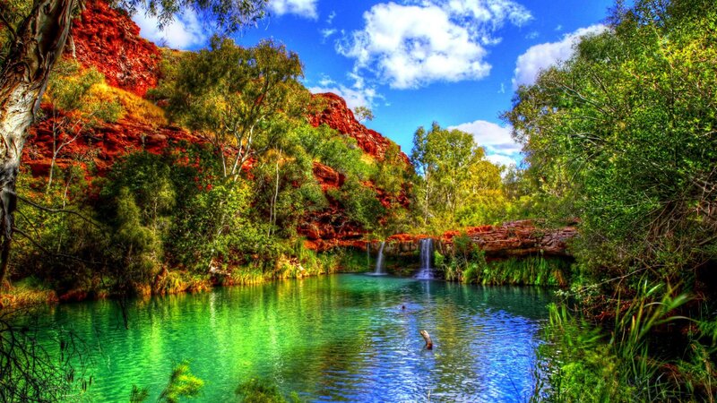 Green Pool with Waterfall — Serene, Afternoon