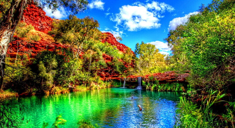 Green Pool with Waterfall — Serene
