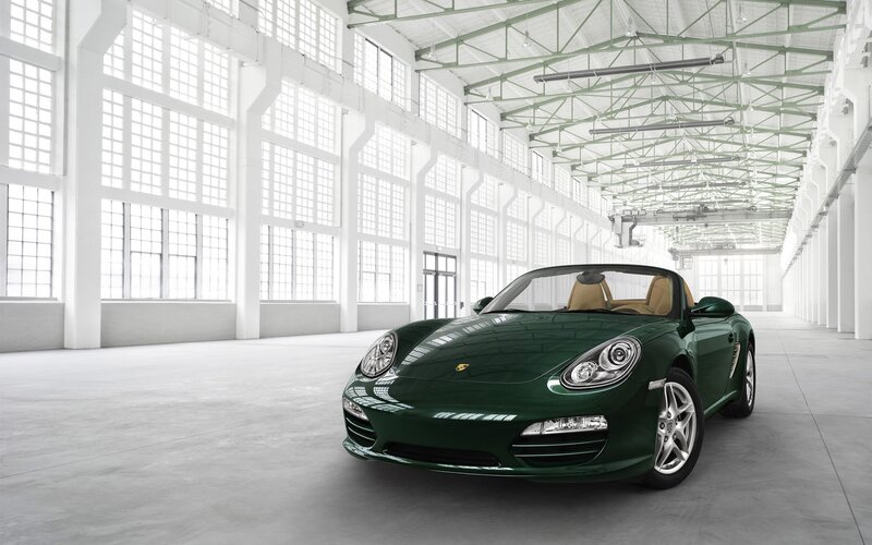 Green Porsche Boxster in a factory