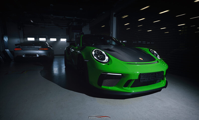 Green Porsche Sports Car — Dramatic, Night