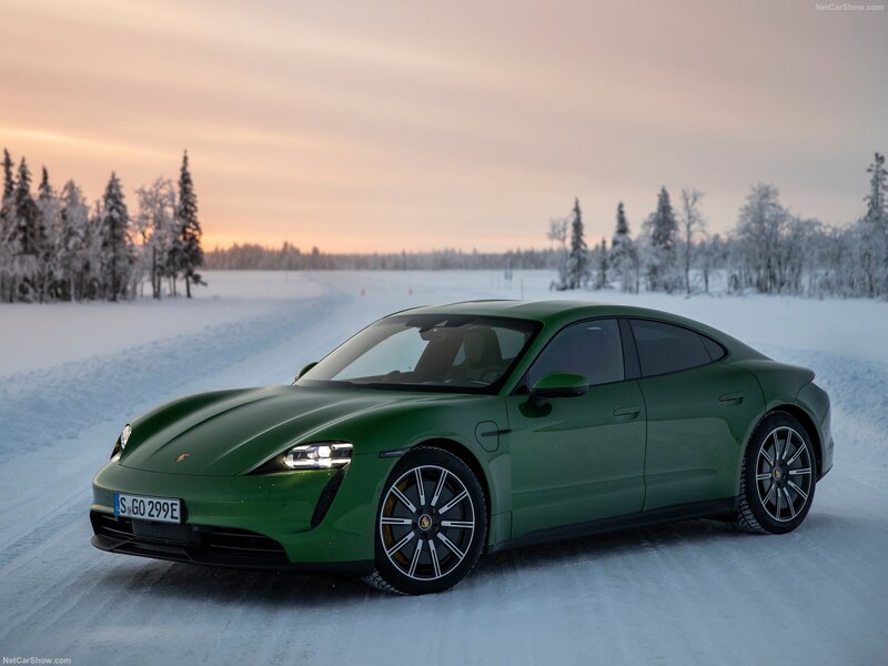 Green Porsche Taycan — Serene, Winter
