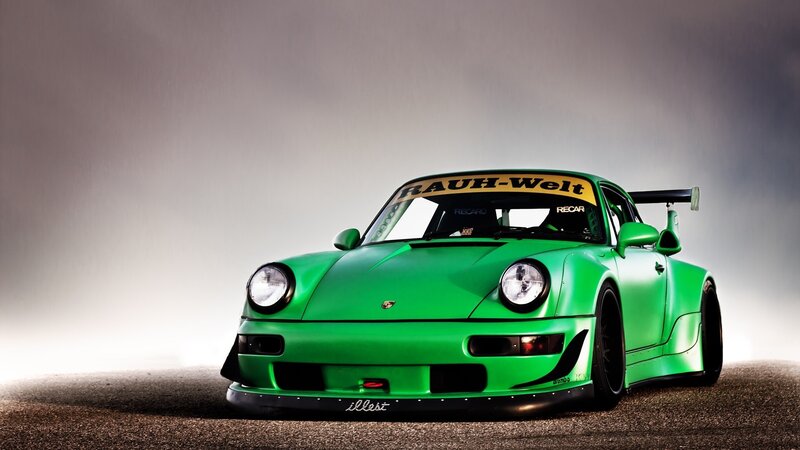 Green Race Car — Dramatic, Photograph, Windshield Banner, Rear Wing, Recaro Seats