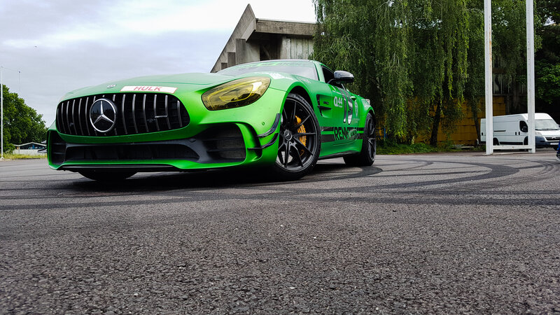 Green Race Car — Dynamic, Afternoon, Photograph, Trees