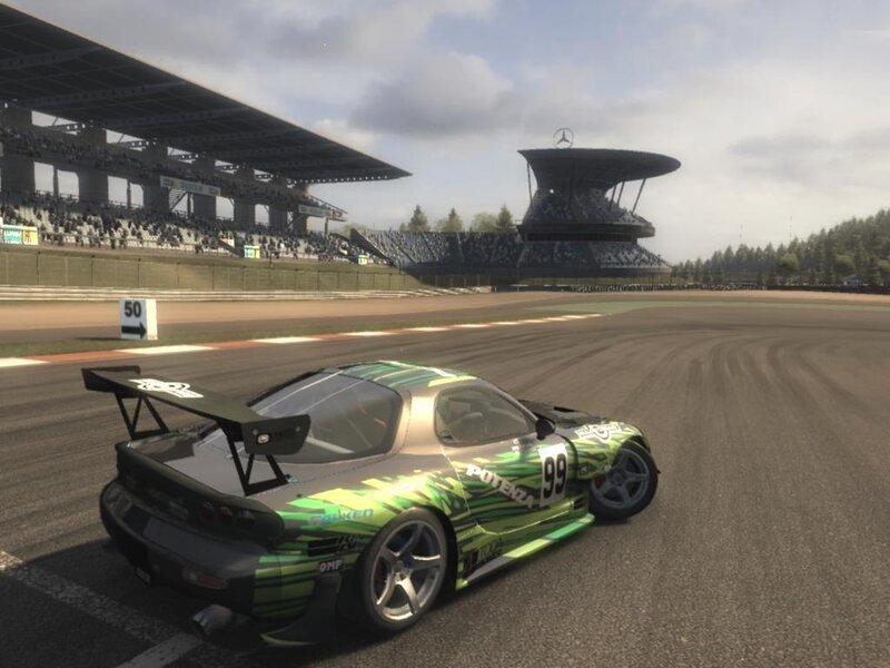Green Race Car on Track — Competitive, Afternoon, 3d Render, Race Track, Grandstand