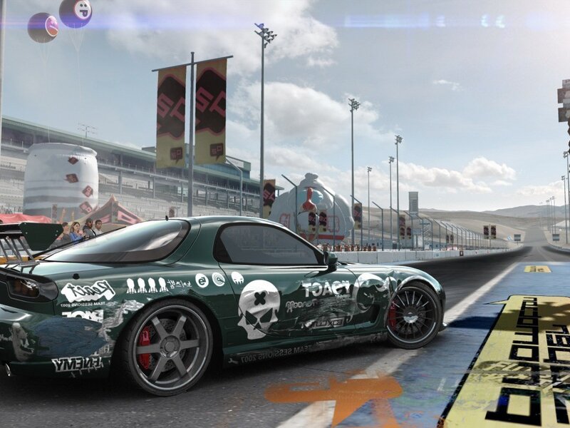 Green Race Car on Track — Competitive, Afternoon, 3d Render, Race Track, Spectators, Balloons, Black