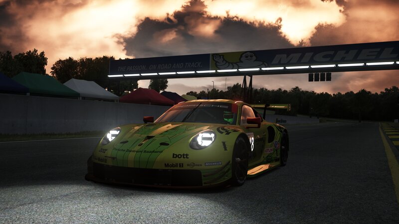 Green Race Car on Track — Dramatic, Sunset, 3d Render