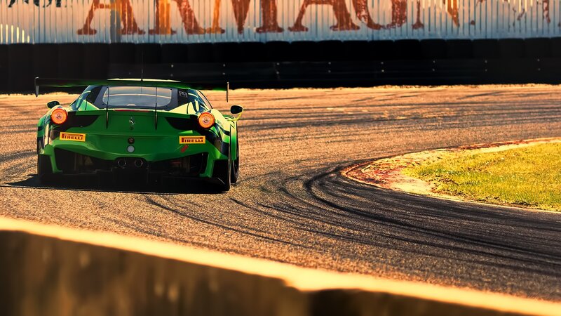 Green Race Car on Track — Dramatic, Sunset, Photograph