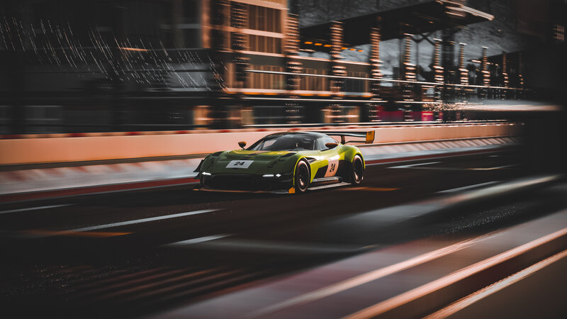 Green Race Car on Track — Dynamic, Night, 3d Render