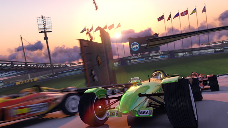 Green Race Car on Track — Dynamic, Sunset, 3d Render