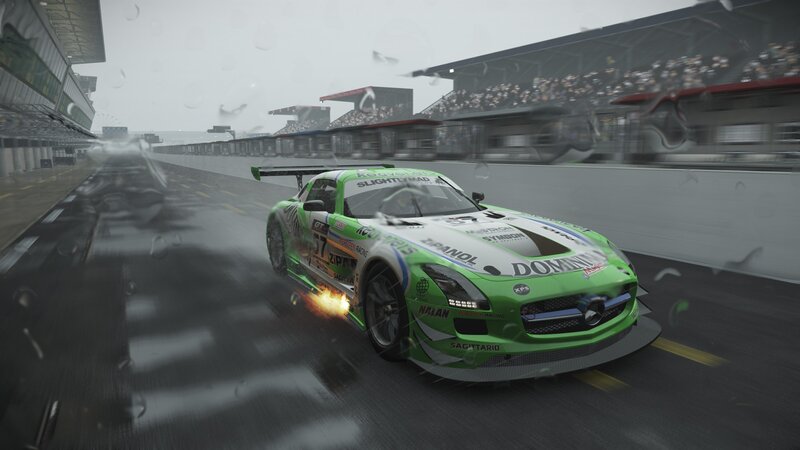 Green Race Car on Track — Intense