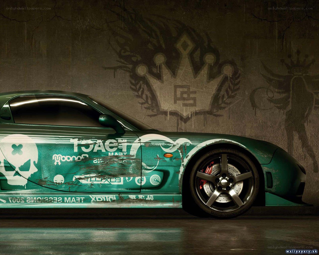 Green race car with graffiti