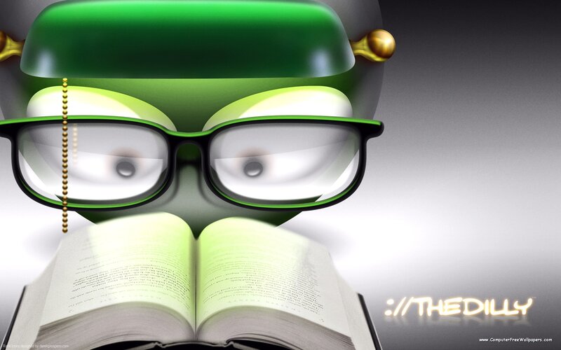 Green Robot Reading Book — Curious