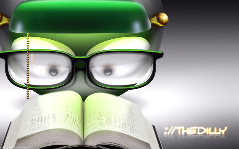 green robot reading book