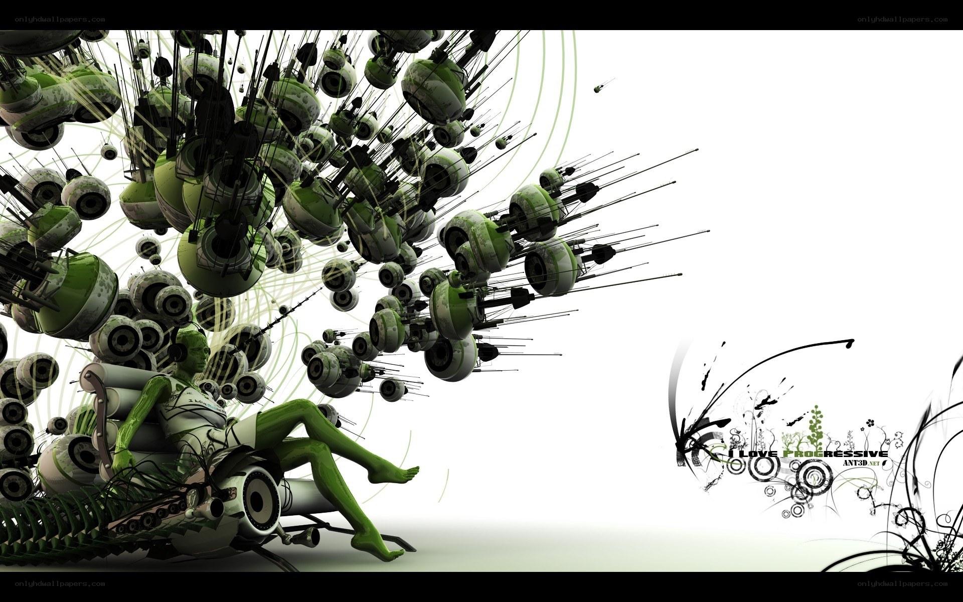 green robotic entity with mechanical swarm