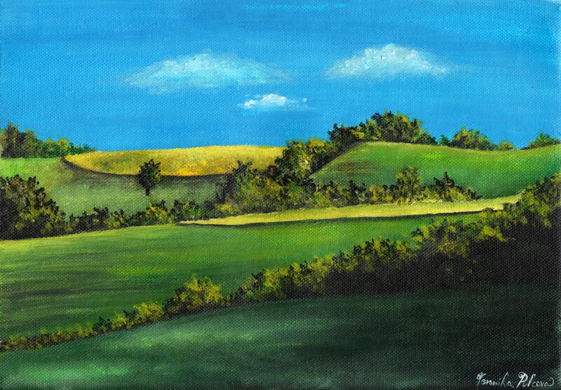 Green Rolling Hills — Serene, Afternoon, Painting