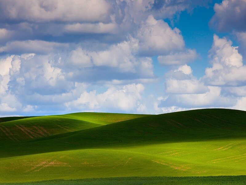 Green Rolling Hills — Serene, Afternoon, Photograph, Clouds, Sky, Fields