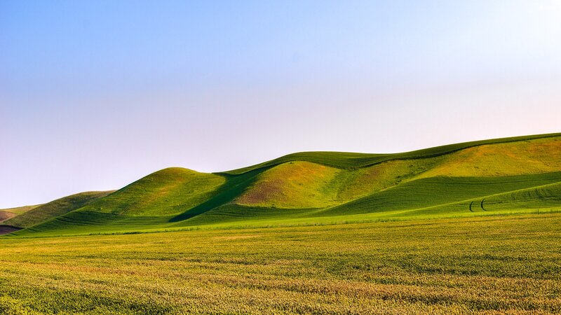 Green Rolling Hills — Serene, Afternoon, Photograph, Fields, Sky