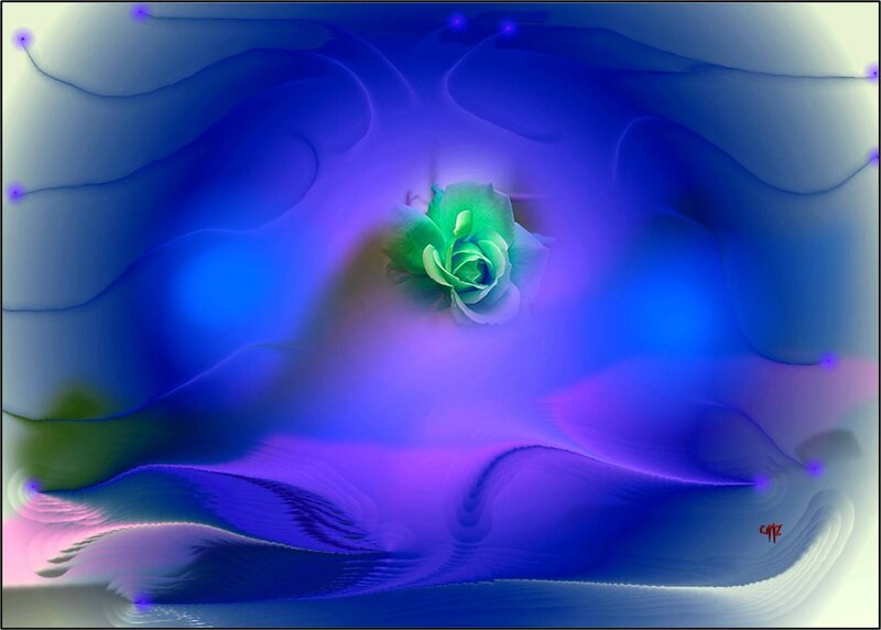 Green Rose in Blue Swirls