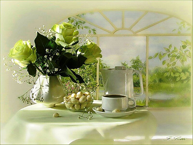 Green Roses on Table