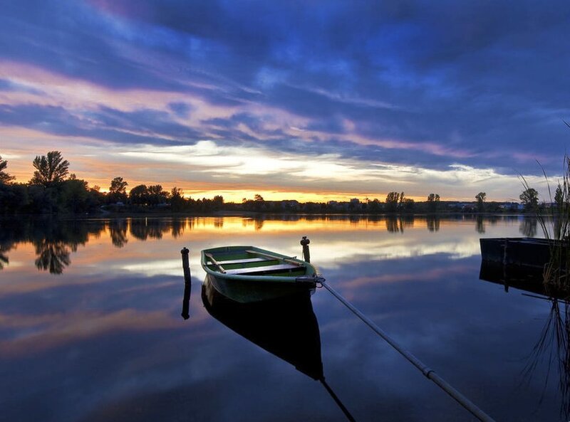 Green Rowboat at Dusk