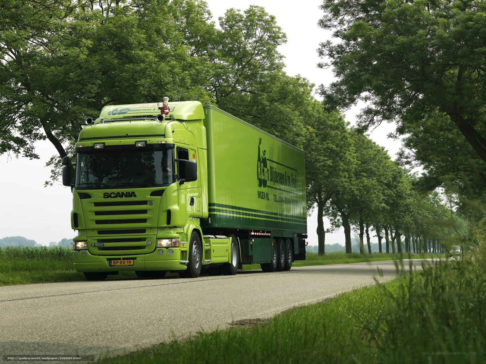 Green Scania truck on a country road