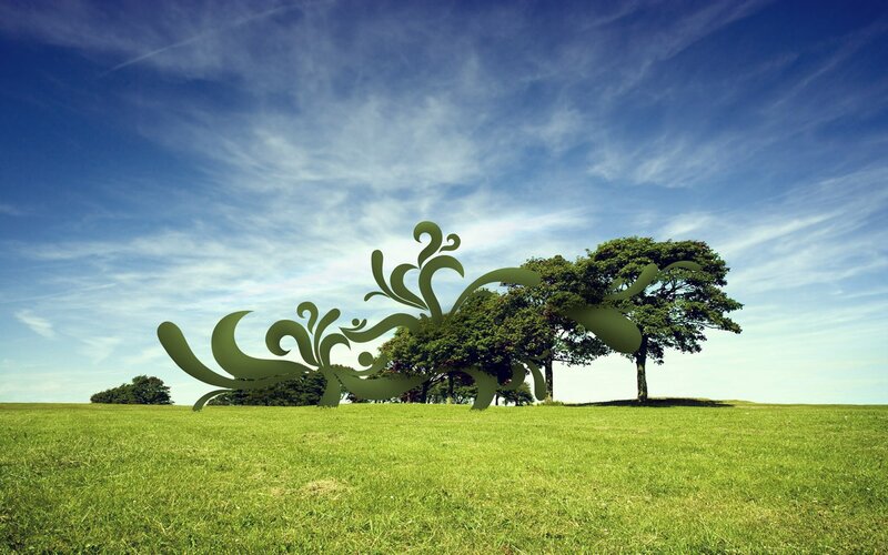Green Sculpture in Field — Serene, Afternoon