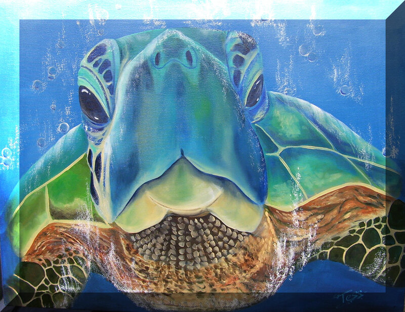Green Sea Turtle Underwater — Blue
